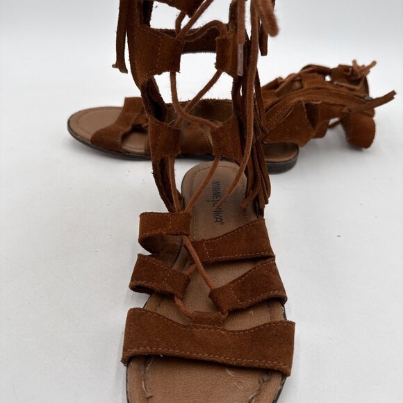Minnetonka Brown Suede Gladiator Sandals 6 Womens Lace up Fringe Boho Festival - Picture 3 of 9